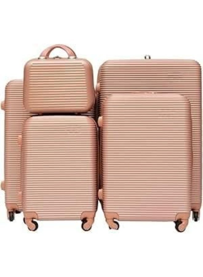 5-Piece Stripe Design Hardshell Luggage Set, Lightweight ABS Travel Trolley Bags with 360° Spinner Wheels & Secure Lock, Rose Gold - Image 1